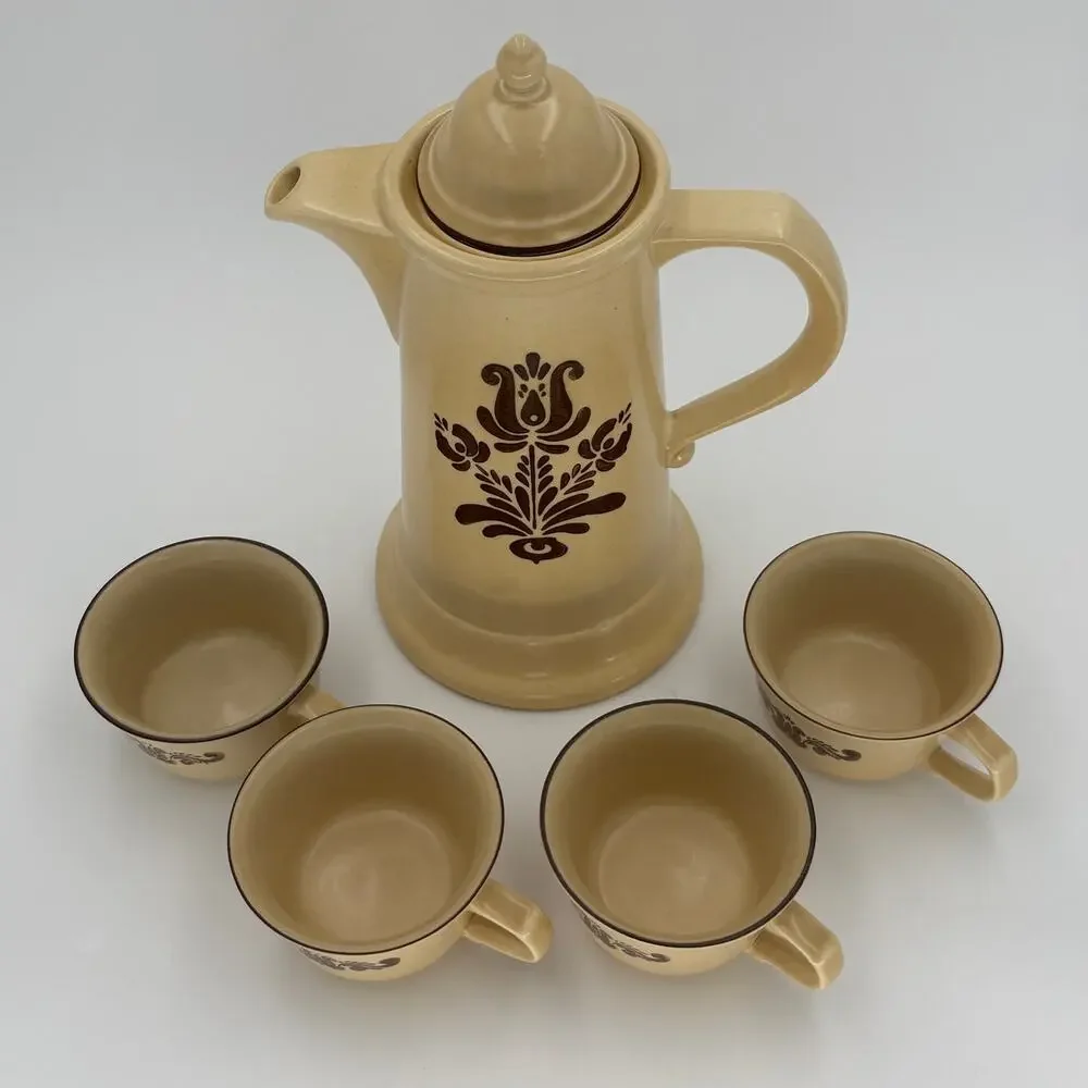 Vintage Pfaltzgraff Village Stoneware Coffee Pot 6-490 and 4 Mugs G-1 Set USA